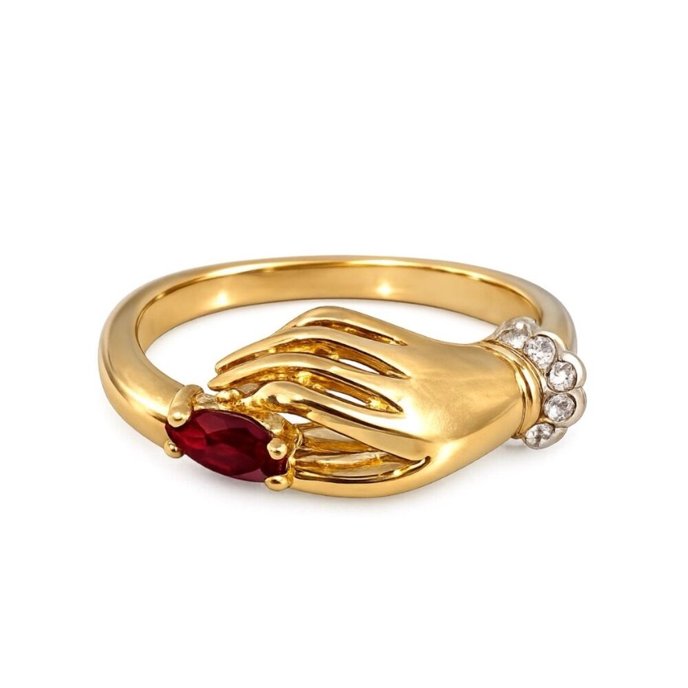 Vintage 1970s Ring Size 5 Victorian Revival Hand Red Crystal Gold Plated - 14U